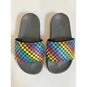 Vans Kids Unisex Slides Sandals Black Rainbow Checkerboard Size 13 Padded Retro